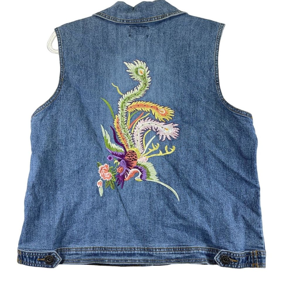 Vintage East of LA Womens Denim Button Down Vest Stretch Back Embroider Side Tab